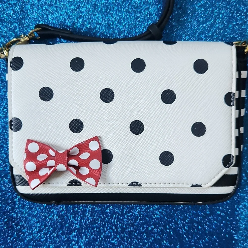 Disney Parks Crossbody Purse Handbag Black White Dots Stripes Minnie Mouse Bows